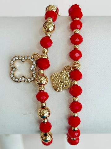 Clover Beaded Stretch Bracelet Set - Red