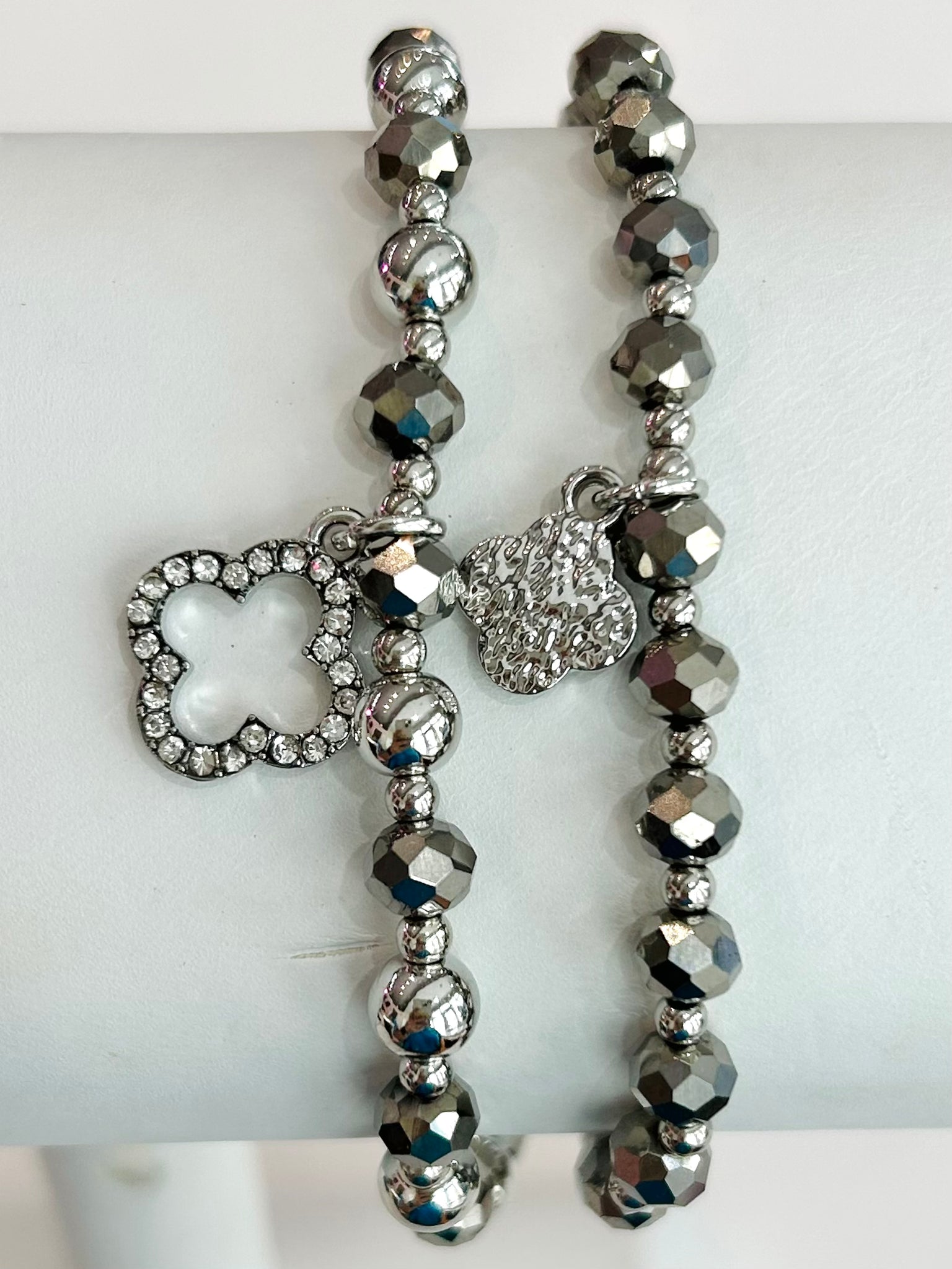 Clover Beaded Stretch Bracelet Set - Silver