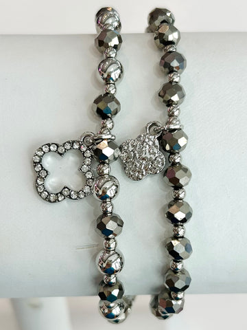 Clover Beaded Stretch Bracelet Set - Silver