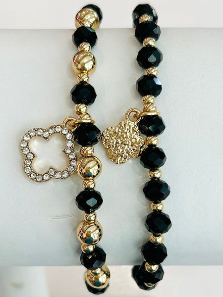 Clover Beaded Stretch Bracelet Set - Black
