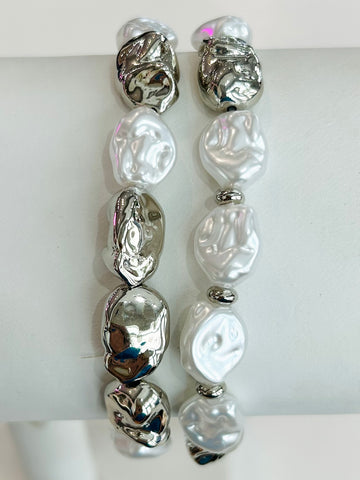 Set of Two Baroque Pearl Stretch Bracelets - Silver