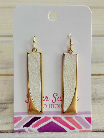 Vegan Leather & Metal Rectangle Earrings - White