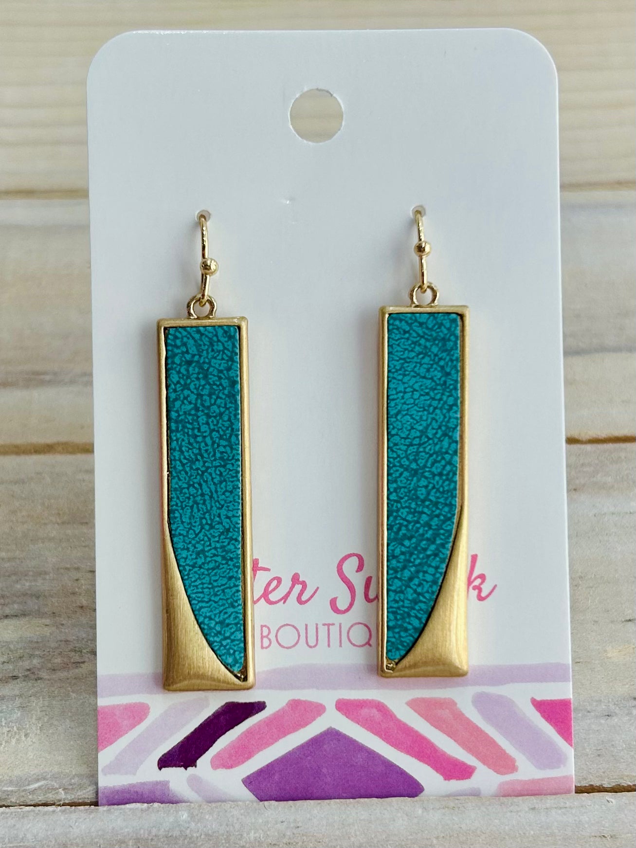 Vegan Leather & Metal Rectangle Earrings - Blue