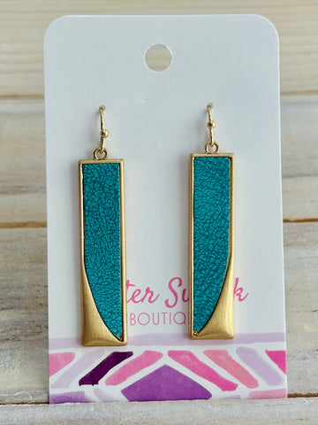 Vegan Leather & Metal Rectangle Earrings - Blue