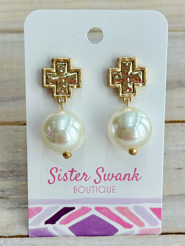 Linked Hammered Metal Cross with Pearl