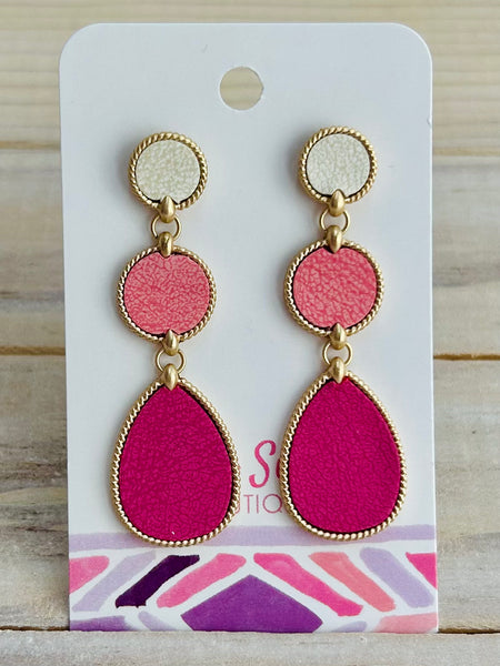 Linked Leather Teardrop Earrings - Pink