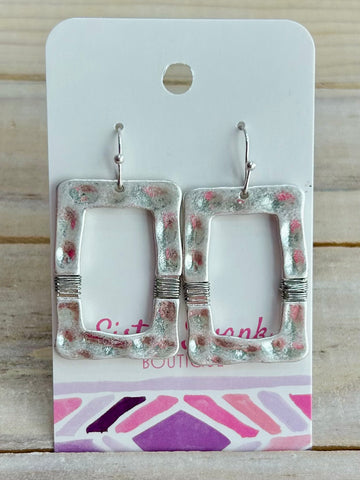 Hammered Rectangle Earrings with Wire Accent - Silver