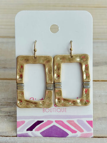 Hammered Rectangle Earrings with Wire Accent - Gold