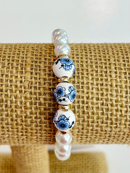 Vintage Bead and Pearl Bracelet - Blue