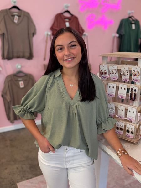 Sweetheart Collared Top - Sage