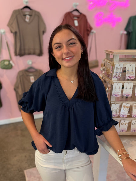 Sweetheart Collared Top - Navy