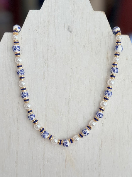 Chinoiserie Bead & Pearl Beaded Necklace - Blue