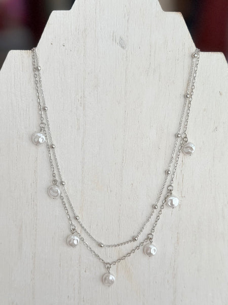 Dainty Pearl Layered Necklace - Silver
