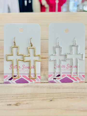 Hammered Metal Open Cross Earrings