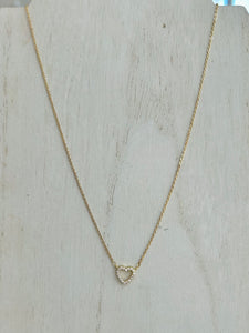 Chain Link Necklace With Cubic Zirconia Fixed Heart Accent- Gold