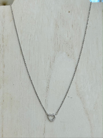 Chain Link Necklace With Cubic Zirconia Fixed Heart Accent- Silver