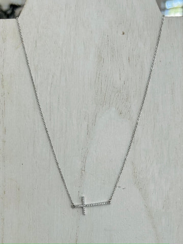 Chain Link Necklace With Cubic Zirconia Fixed Cross Accent - Silver