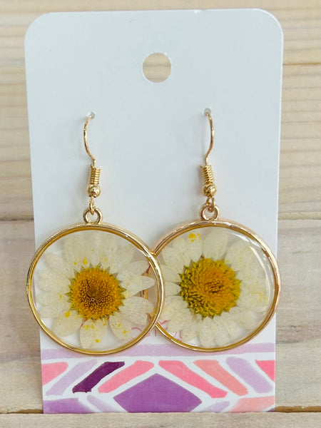 Gold Tone Resin and Pressed Flower Drop Earrings