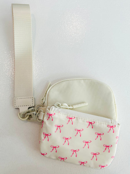 Dual Pouch Wristlet Wallet - White Bows