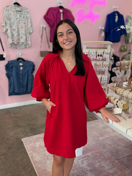 Scalloped Detail Dress - Red