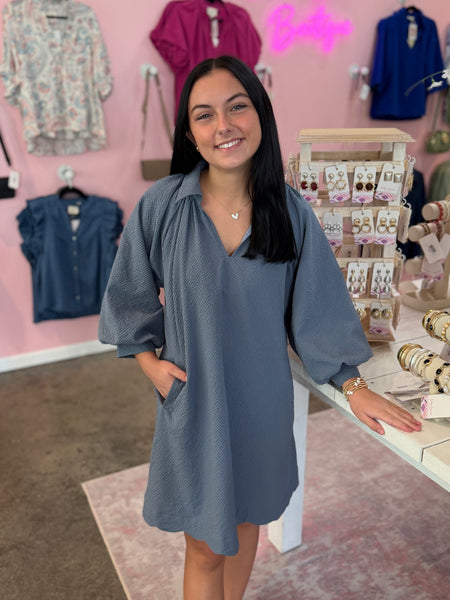 Scalloped Detail Dress - Steel Blue