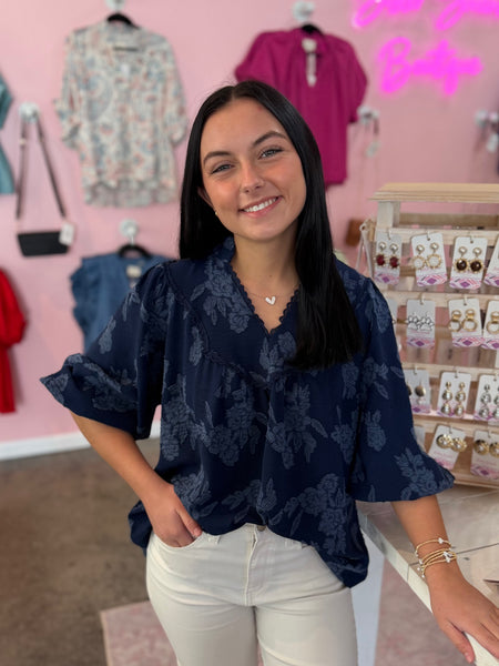 Pretty In Bloom Blouse - Navy
