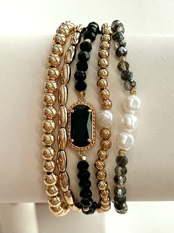 Glass Crystal Beaded Stretch Bracelet Set - Black