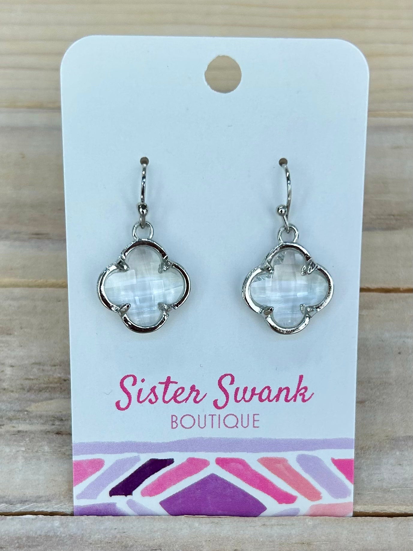 Glass Crystal Clover Drop Earrings - Silver