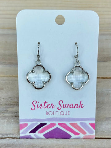 Glass Crystal Clover Drop Earrings - Silver