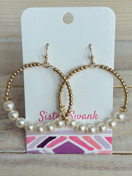 Pearl Beaded Hoop Dangle Earrings - Gold