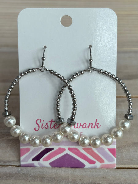 Pearl Beaded Hoop Dangle Earrings - Silver