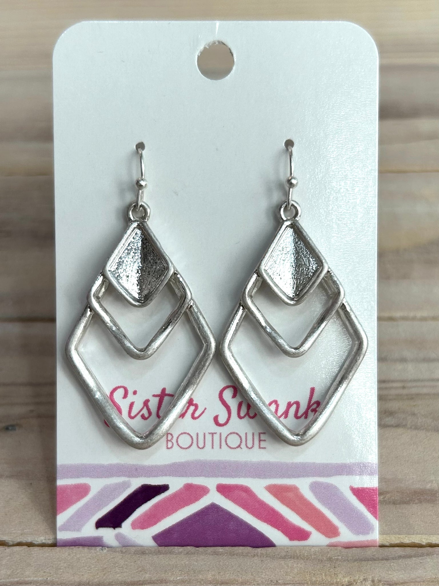 Layered Diamond Shaped Dangle Earrings - Silver