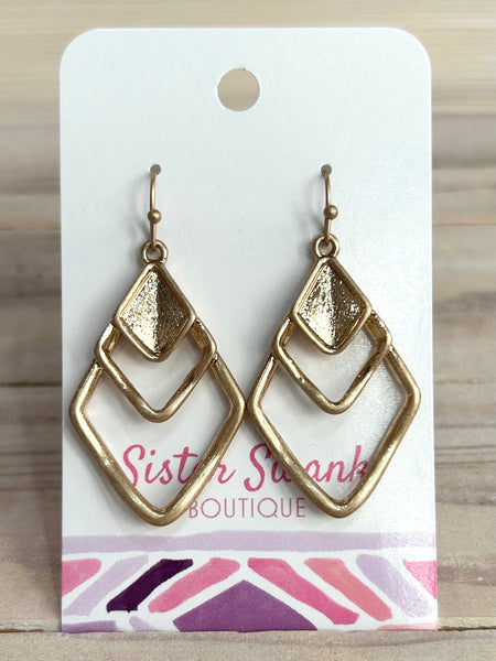 Layered Diamond Shaped Dangle Earrings - Gold