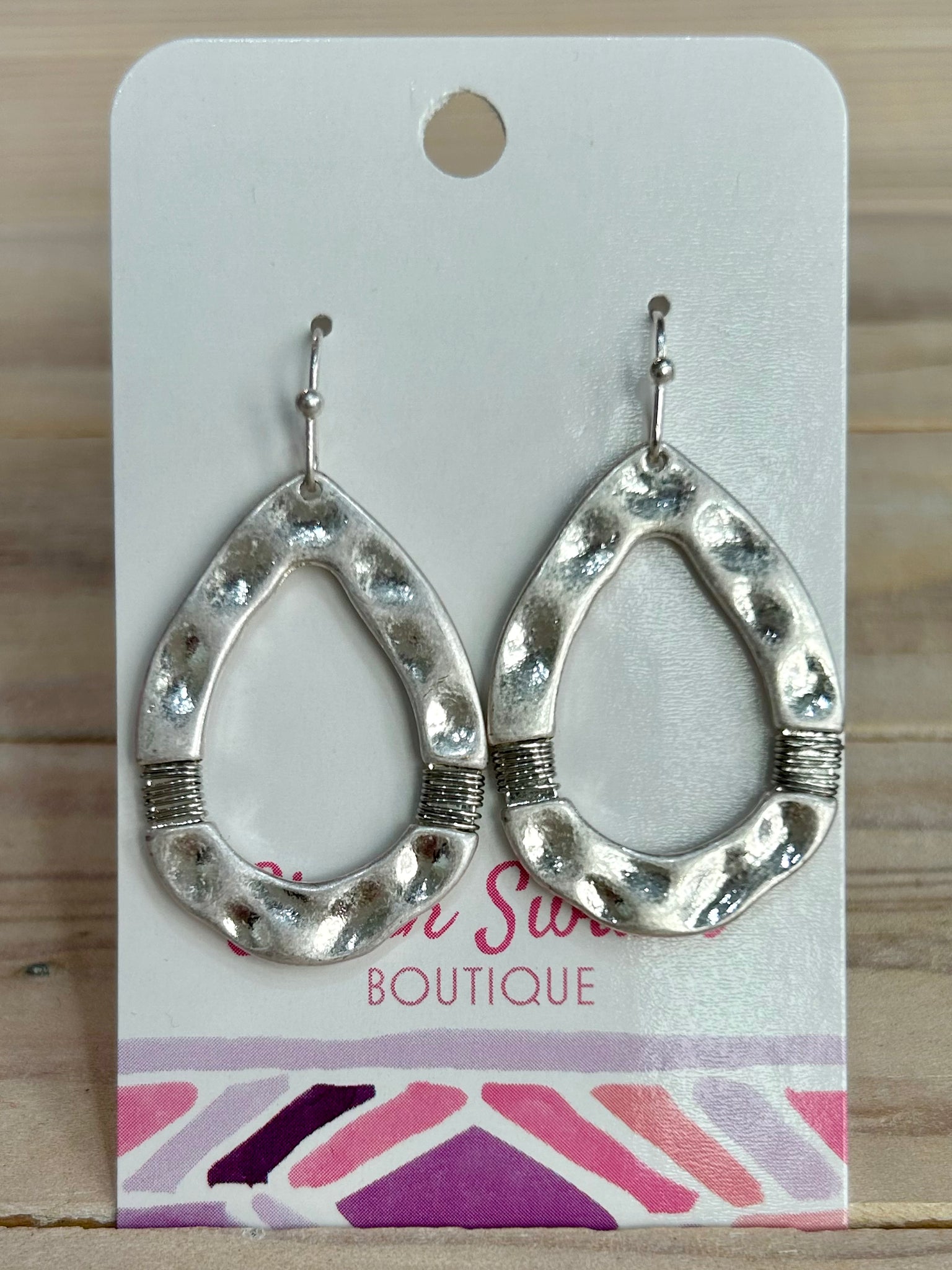 Hammered Metal Teardrop Drop Earrings - Silver