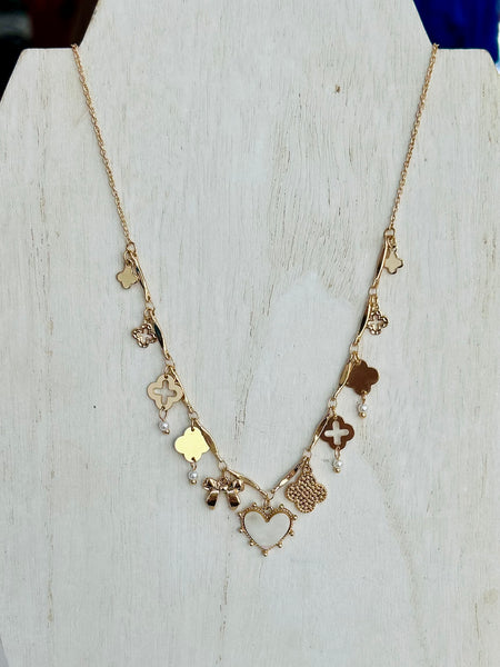 Clovers & Pearlescent Heart Charm Necklace