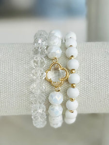 Clover Beaded Stretch Bracelet Set - White