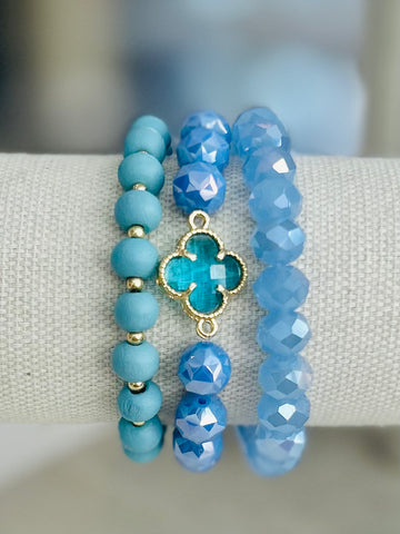 Clover Beaded Stretch Bracelet Set - Blue