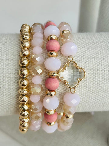Clover Beaded Stretch Bracelet Set - Light Pink