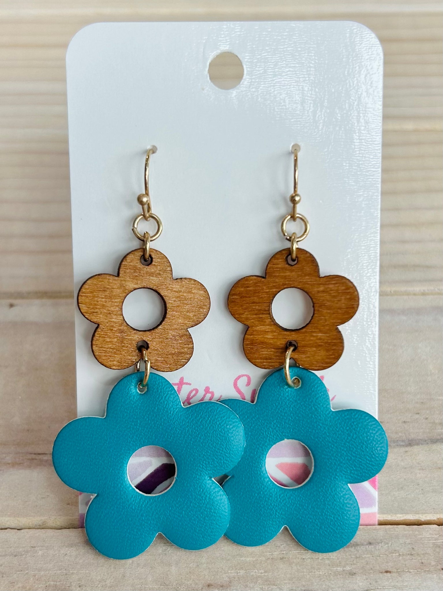 Linked Wood And Leather Flower Drop Earrings