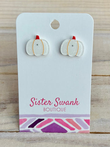 Glitter Pumpkin Stud Earrings - White