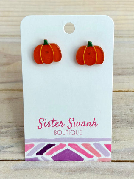 Glitter Pumpkin Stud Earrings - Orange