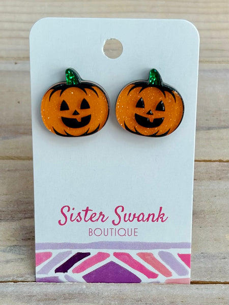 Glitter Jack-O-Lantern Stud Earrings