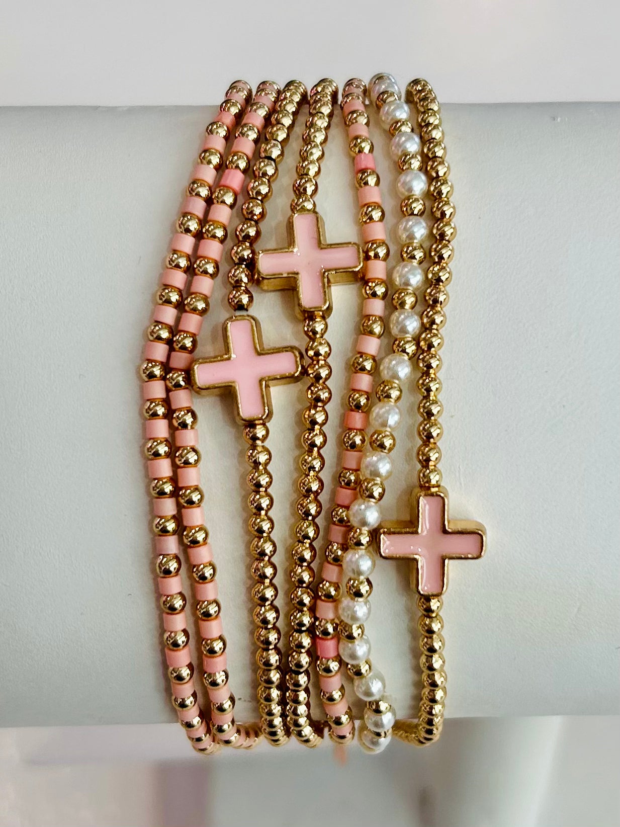 Set of Seven Beaded Stretch Bracelets - Pink