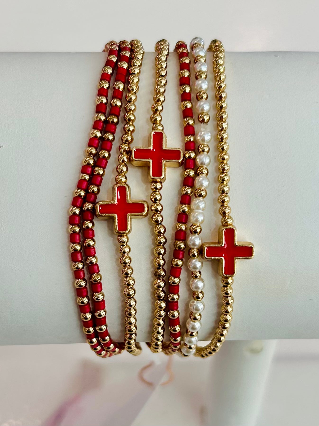 Set of Seven Beaded Stretch Bracelets - Red