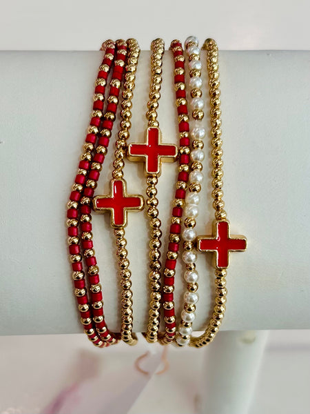 Set of Seven Beaded Stretch Bracelets - Red