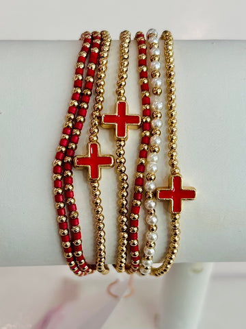 Set of Seven Beaded Stretch Bracelets - Red