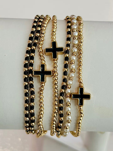 Set of Seven Beaded Stretch Bracelets - Black