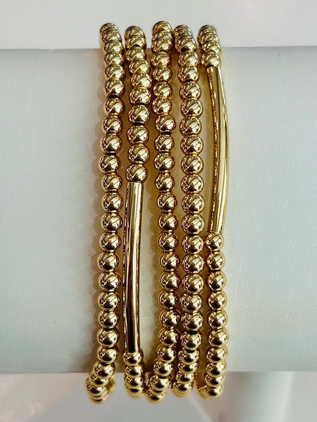 Set of Five Beaded Stretch Bracelets - Gold