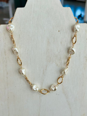Baroque Pearl Chain Link Necklace - Gold