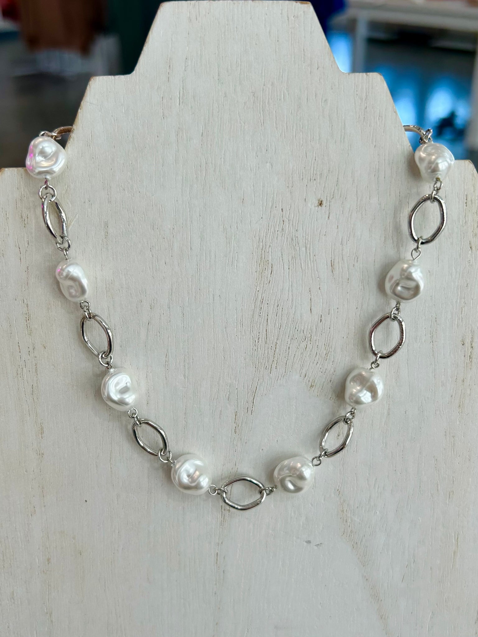 Baroque Pearl Chain Link Necklace - Silver